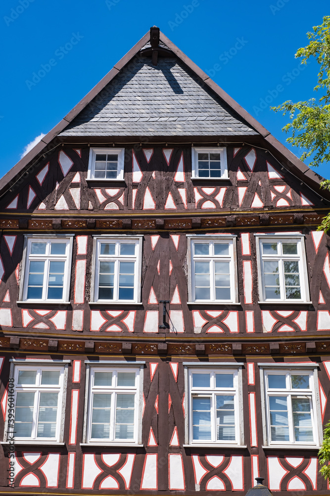 View of typical old historical half-timbered houses in Grünberg / Germany in Hesse