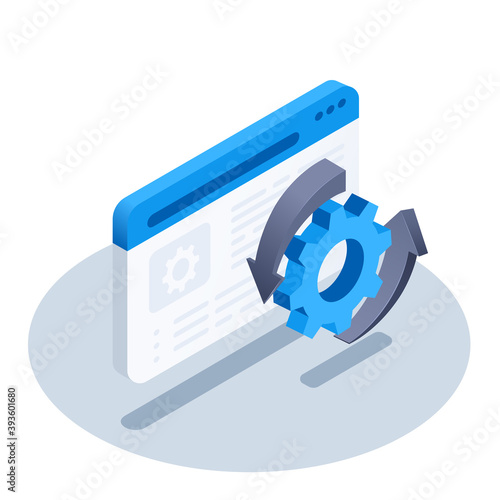 isometric vector illustration on white background, icon in the form of program window and gear with arrows, application settings