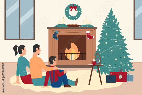 Happy family people sitting by xmas fireplace vector illustration. Cartoon mother, father and child son celebrating Merry Christmas Season and Winter New Year together near home fire place background