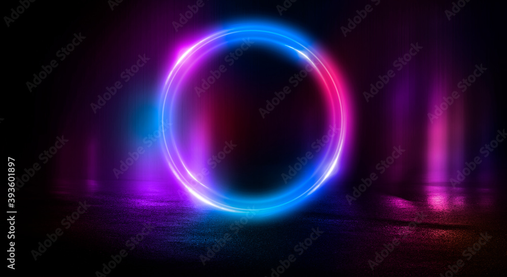 Dark abstract background. Neon light circle figure. Reflection of neon light on the water. Dark abstract background. Neon light circle figure. Reflection of neon light on the water.