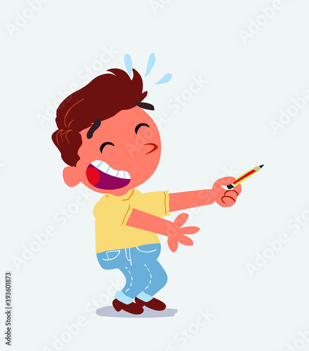  cartoon character of little boy on jeans laughs while pointing to the side with a pencil