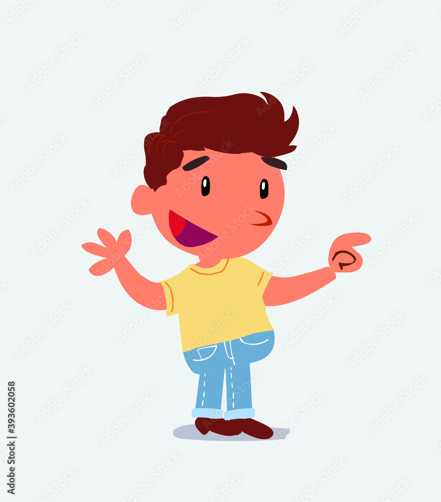  cartoon character of little boy on jeans smiling while pointing