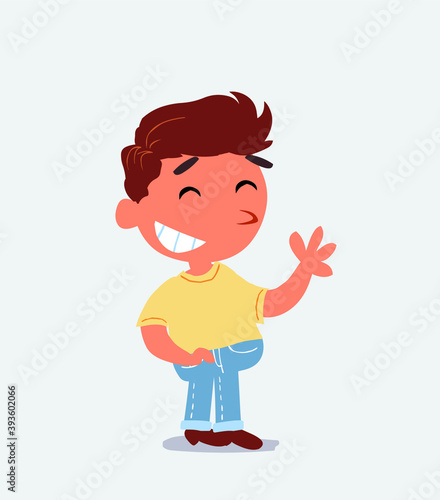 cartoon character of little boy on jeans waving informally while laughing.