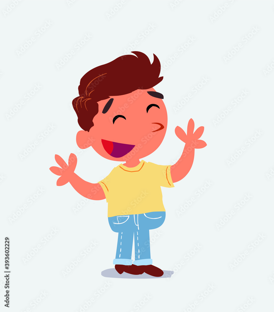 Pleased cartoon character of little boy on jeans explaining something.