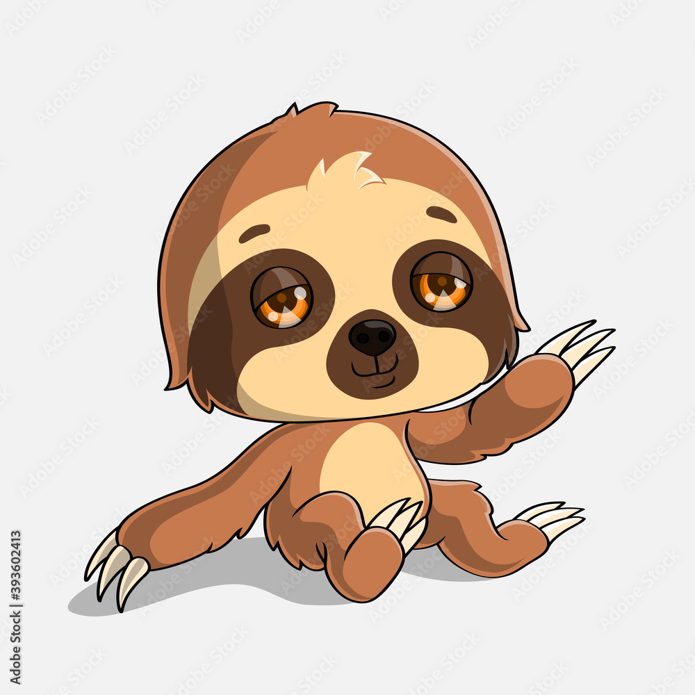 Fototapeta premium Cartoon sloth sitting and waving, hand drawn