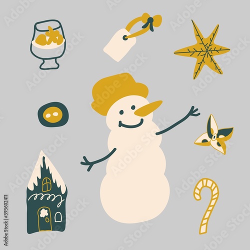 Vector set illustrations for Christmas and New Year.Clip art with snowman,star,drink,house,gift, candy,button,label.Collection in trend colors 2021:tidewater green,fortuna gold,sail champagne.