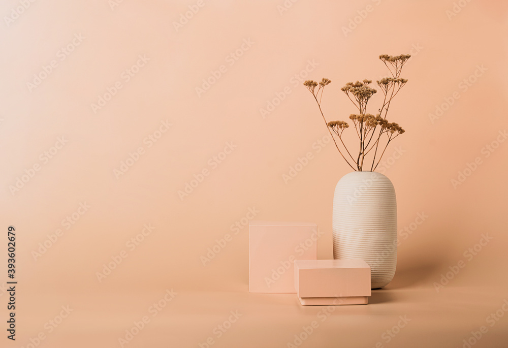 Modern abstract podium of geometric shapes dried flowers on pastel background