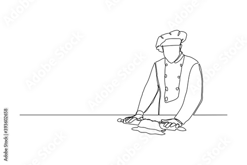 Continuous line drawing of chef man rolling bakery pizza dough use wooden rolling pins.  One line concept of bake receipt cooking. Vector illustration