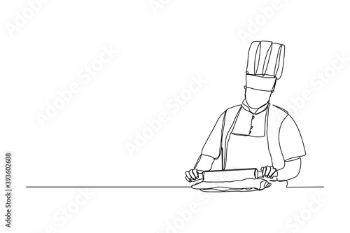 Continuous line drawing of chef man rolling bakery pizza dough use wooden rolling pins.  One line concept of bake receipt cooking. Vector illustration