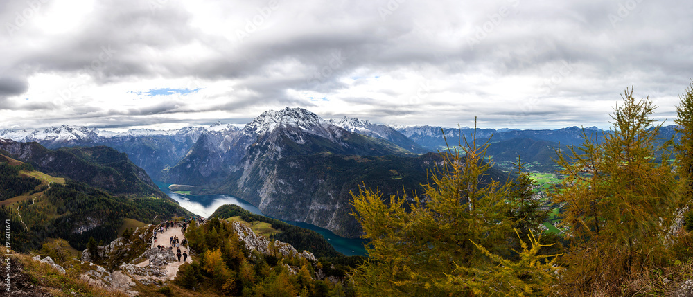 Panorama mountain view to lake Koenigssee, Berchtesgaden in Bavaria, Germany
