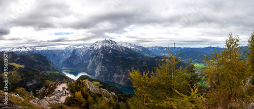 Panorama mountain view to lake Koenigssee, Berchtesgaden in Bavaria, Germany