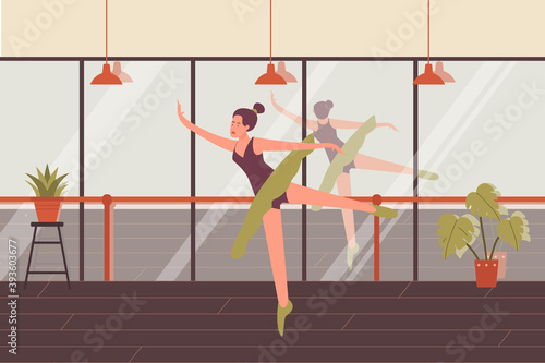 Dancing young woman vector illustration. Cartoon beautiful girl ballet dancer character poses, lady ballerina choreographing in tutu costume, classroom interior of choreography dance school background