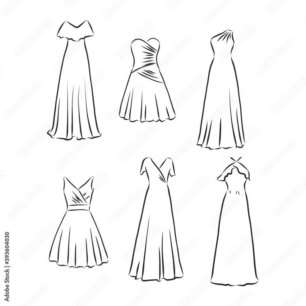 Hand drawn vector clothing set. of trendy maxi dresses isolated on white. dress vector sketch illustration Hand drawn vector clothing set. of trendy maxi dresses isolated on white. dress vector sketch illustration
