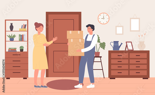 Fast online delivery post service to home door vector illustration. Cartoon man courier character delivering cardboard parcel box, woman receives postal order package in home room interior background
