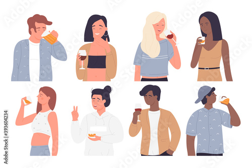 People drink vector illustration set. Cartoon young happy man woman characters drinking, holding wineglass, glasses of beer or whiskey in hands, fun party in alcohol bar or home isolated on white