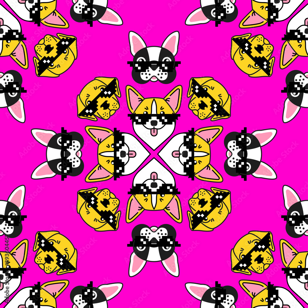 Fototapeta premium Dog in pixel sunglasses. Seamless pattern on pink