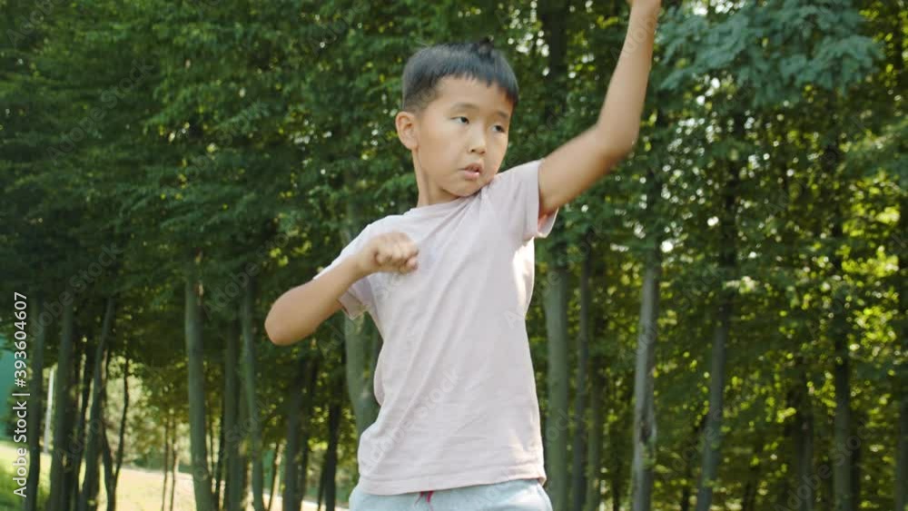 Little asian boy in the park trains, kung fu, karate, kicks, wall fight, sunny summer sports in the background Little asian boy in the park trains, kung fu, karate, kicks, wall fight, sunny summer sports in the background