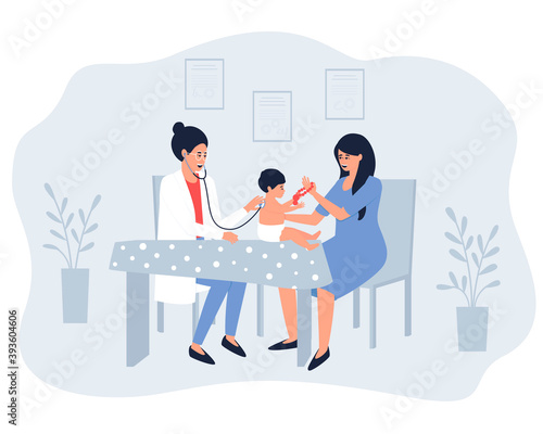 Mom and baby make a visit to the doctor. A pediatrician listens to breathing and heartbeat with a stethoscope. A baby in a nappy. Flat vector illustration.
