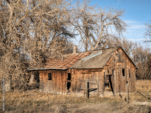 abandoned farm building in northern Colorado prairie, metal roof covering is falling apart, old homestead in fall scenery