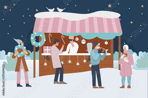 People enjoy Christmas market or holiday outdoor fair on town square vector illustration. Cartoon happy man woman friend characters walk, buy snack food and gifts from market stall or kiosk background