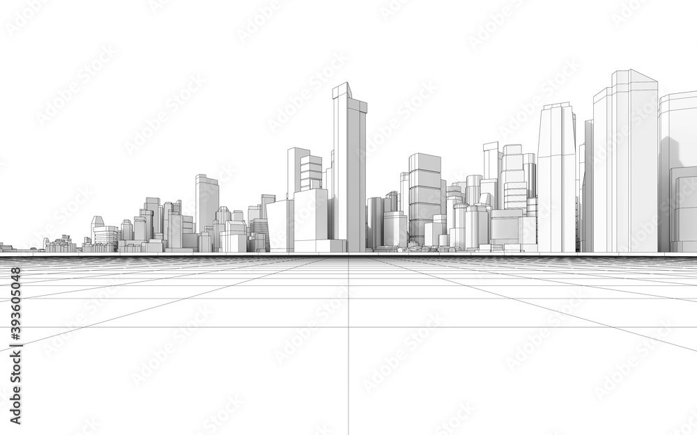 Empty grid floor for the development project. 3d rendering of abstract wireframe cityscape with white background.