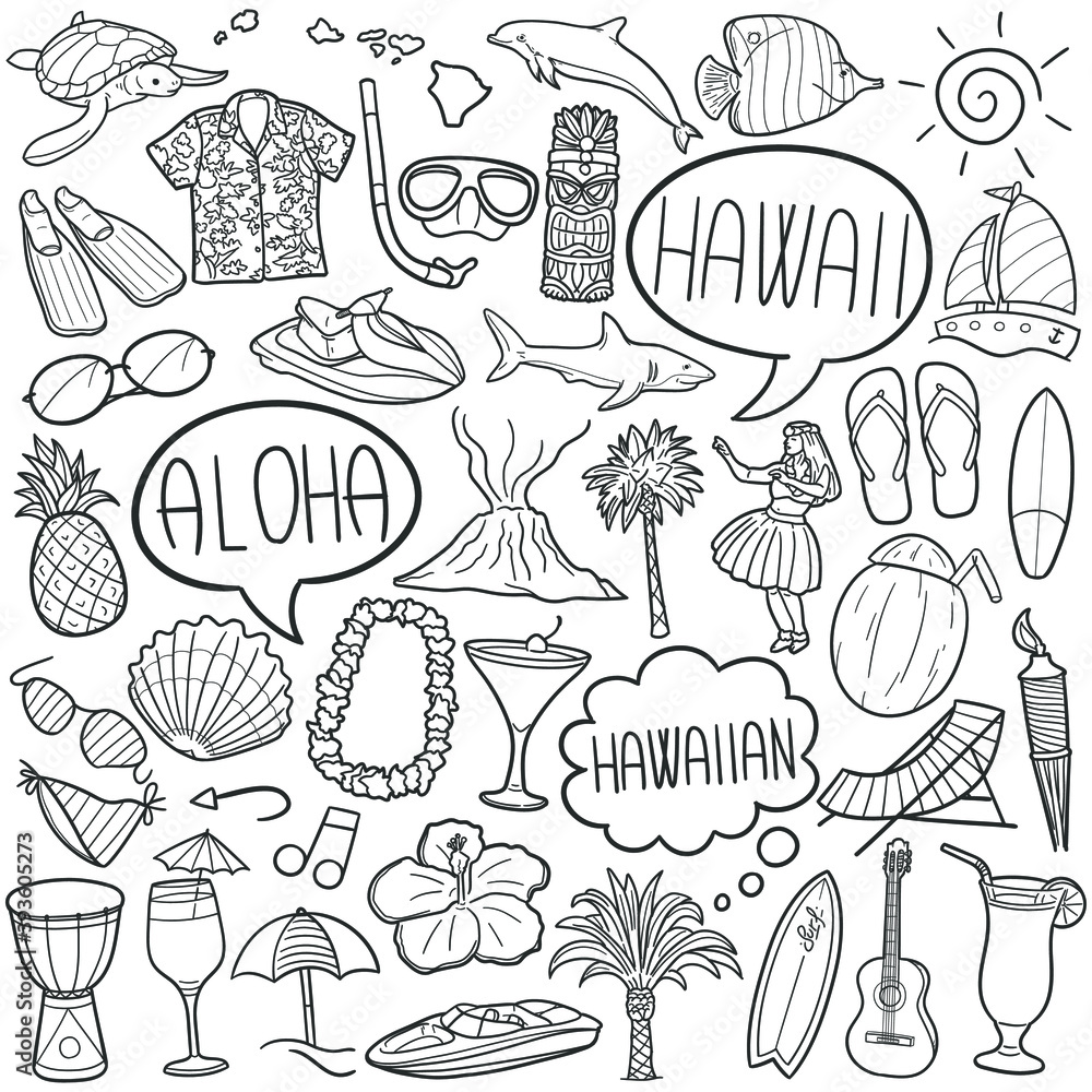Hawaii doodle icon set. Travel Vacations Vector illustration collection ...