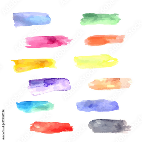 Vector set of colorful watercolor paint strokes or brush strokes. Collection of watercolor design elements.