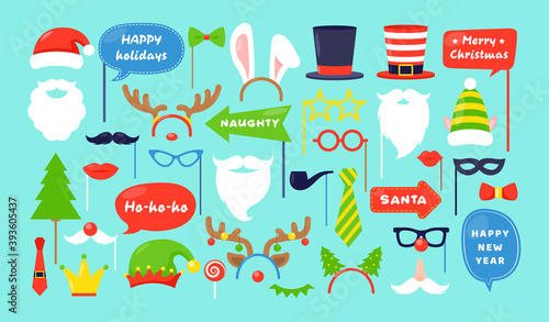 Без назви-1Vector Christmas photo booth props. Photobooth vector set for Christmas and New year party, masquerade, scrapbooking. Event accessories with caps,mustache, speech bubbles, deer, masks, elf,