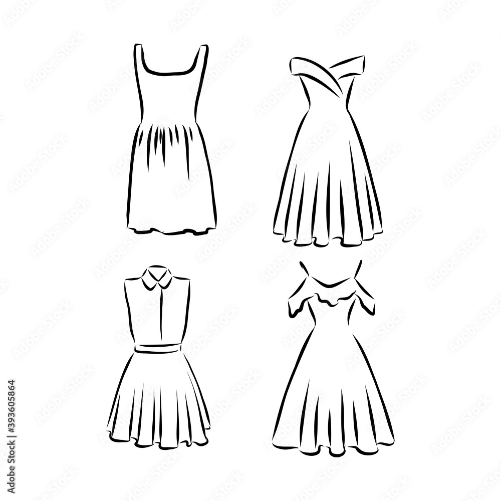 Hand drawn vector clothing set. of trendy maxi dresses isolated on white. dress vector sketch illustration Hand drawn vector clothing set. of trendy maxi dresses isolated on white. dress vector sketch illustration