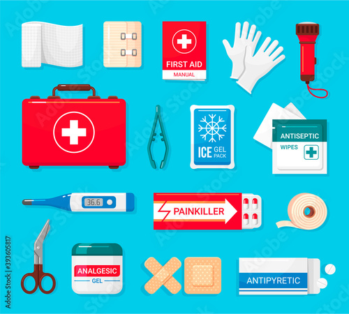 First aid kit flat icons set. Bandage, adhesive plaster, painkiller, antipyretic pills, thermometer.