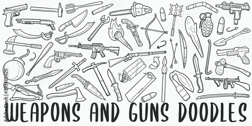 Weapons and Guns doodle icon set. War Killer Style Vector illustration collection. Banner Hand drawn Line art style.