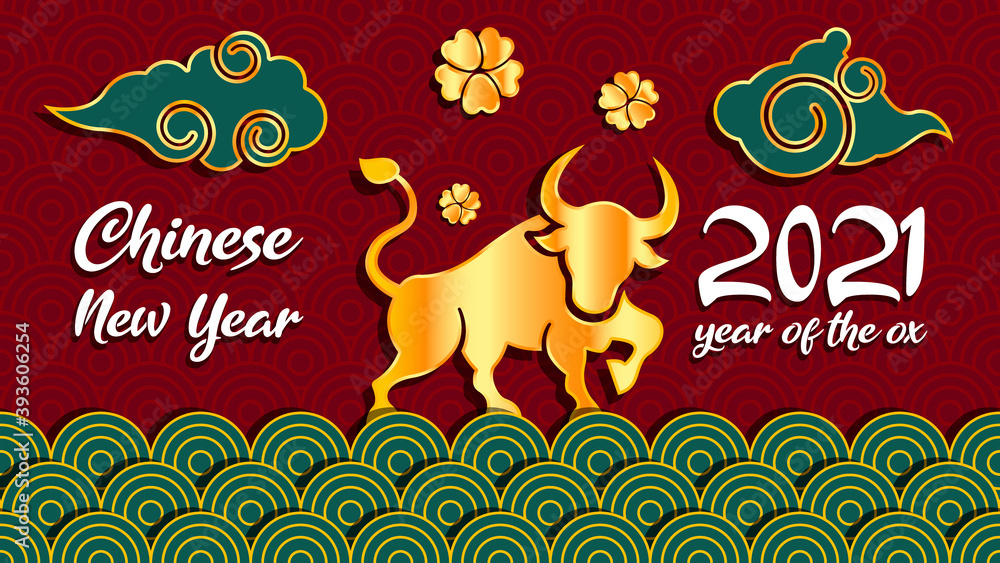 Chinese new year 2021 year of the ox background, red and gold paper cut ox character, flower and asian elements with craft style on background