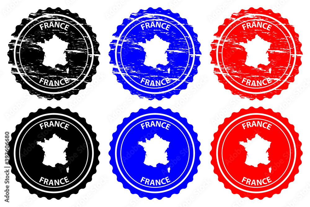 France - rubber stamp - vector,  French Republic map pattern - sticker - black, blue and red