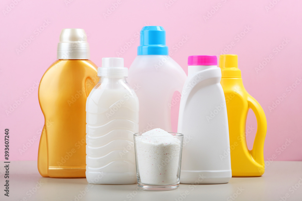 Bottles of laundry detergent on the table. Household chemicals Bottles of laundry detergent on the table. Household chemicals