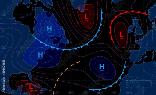 Weather forecast map. Meteorological concept on dark backgrounds. Vector illustration.