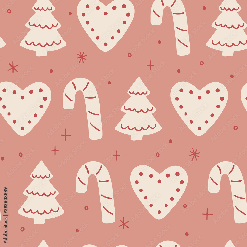Gingerbread seamless vector pattern for winter holidays and Christmas design. Simple pattern for wrapping paper, fabric, gift tags, background. Trendy surface background for decorative design