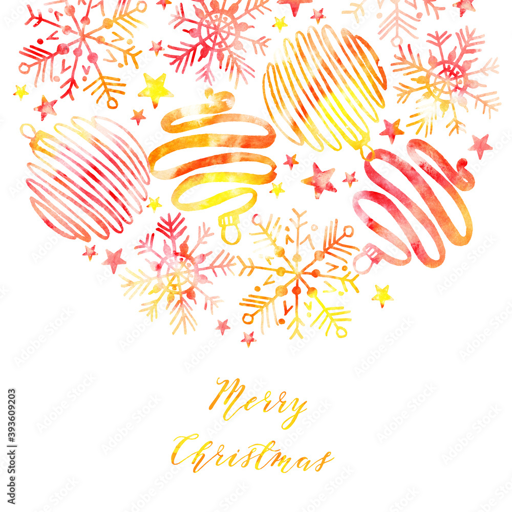 Watercolor illustration. Christmas decorations. balls, stars. handmade, postcard for you