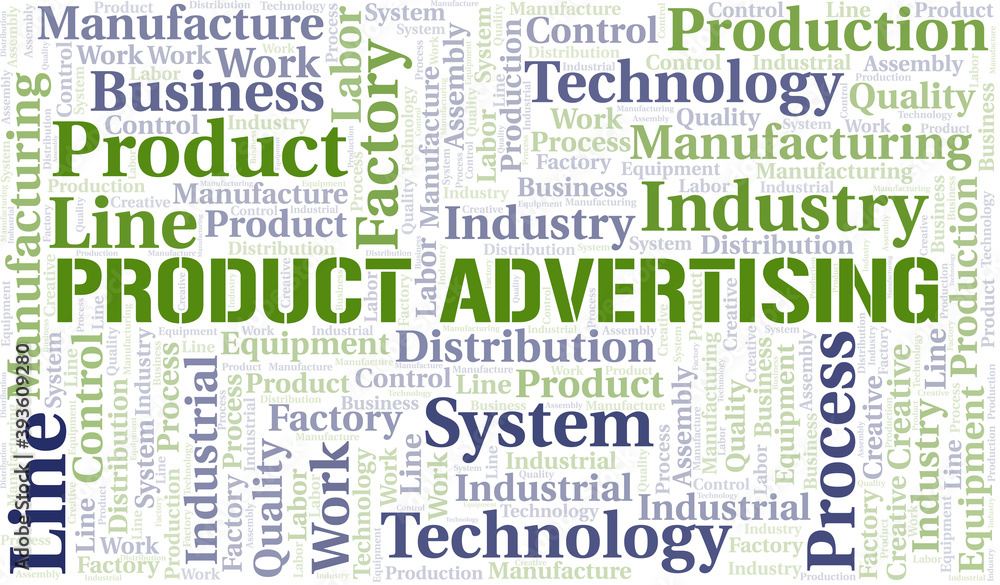 Product Advertising word cloud create with text only.