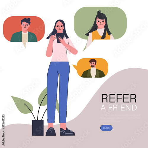 The young woman has referred a friend with the smartphone. Web landing page refers to friend concept.