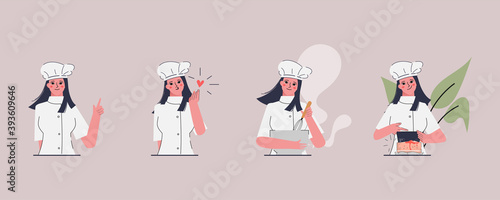Woman Chef is cooking pose set character in flat design.