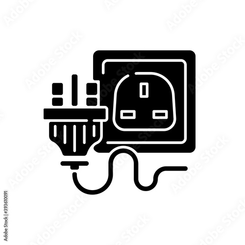 Industrial power outlet black glyph icon. Plug with multiple pins. Wall socket for appliance cable. Switch for technology. Silhouette symbol on white space. Vector isolated illustration