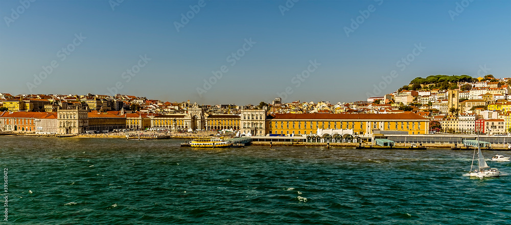 A panorama view of the Commercial Square in Lisbon, Portugal from the Tagus river