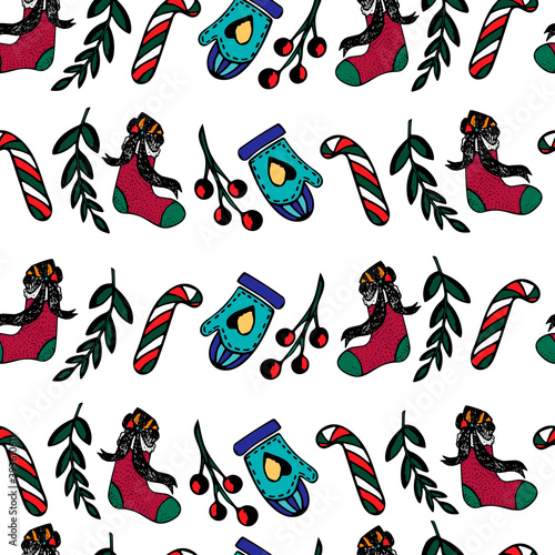 Seamless pattern new year gifts sweets mittens