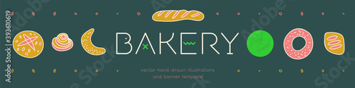 Bakery banner template with vector hand-drawn icons of bread in warm ochre tints. Fresh bread for Bakehouse emblem with color illustrations of breadstick, baguette, bagel for label, packaging design.