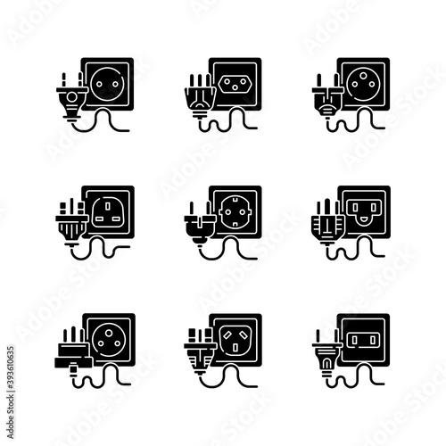 Different power outlets black glyph icons set on white space. Sockets with multiple pins. Electricity cables for household appliance. Cable types. Silhouette symbols. Vector isolated illustration