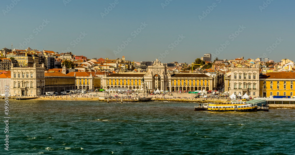 A close up view of the Commercial Square in Lisbon, Portugal from the Tagus river