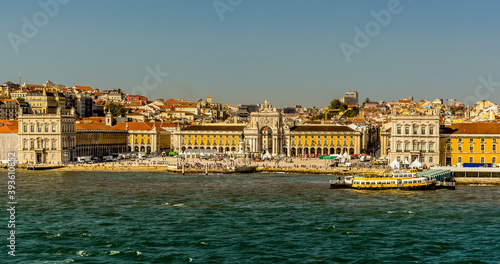 A close up view of the Commercial Square in Lisbon, Portugal from the Tagus river