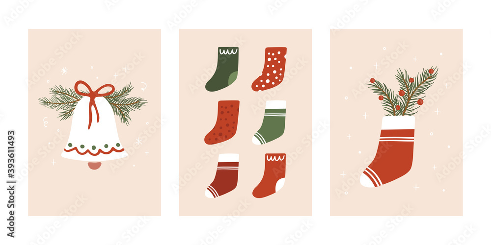 Set of Christmas greeting cards. Vector festive template set for winter holidays and Christmas design. Hand drawn winter holiday symbols. Merry Christmas and Happy New Year cartoon posters