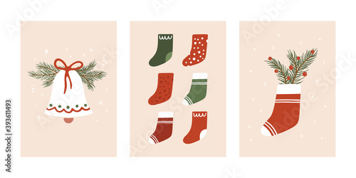Set of Christmas greeting cards. Vector festive template set for winter holidays and Christmas design. Hand drawn winter holiday symbols. Merry Christmas and Happy New Year cartoon posters