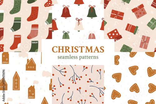 Collection with hand drawn Christmas seamless pattern for wallpaper, wrapping paper and textile. Vector background for winter decorative design. Festive holiday background